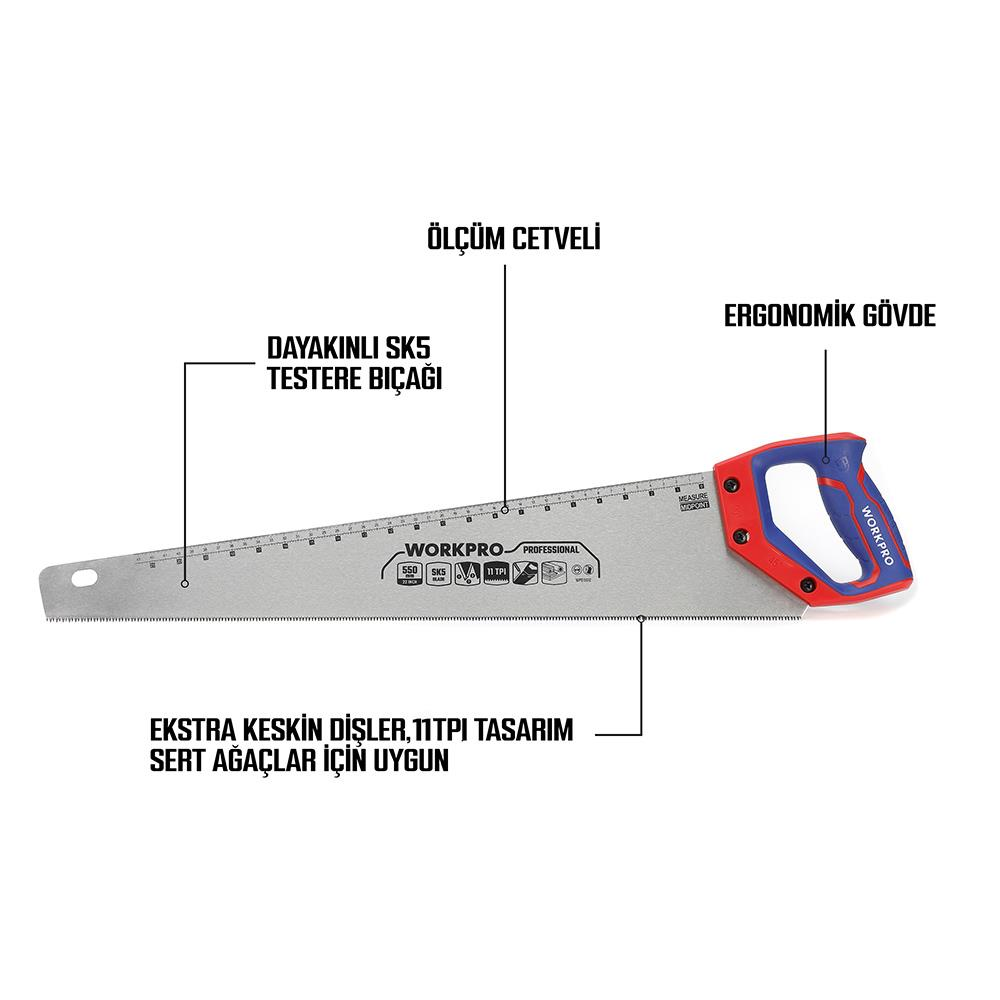 Entegre cetvelli ve ergonomik saplı testere.