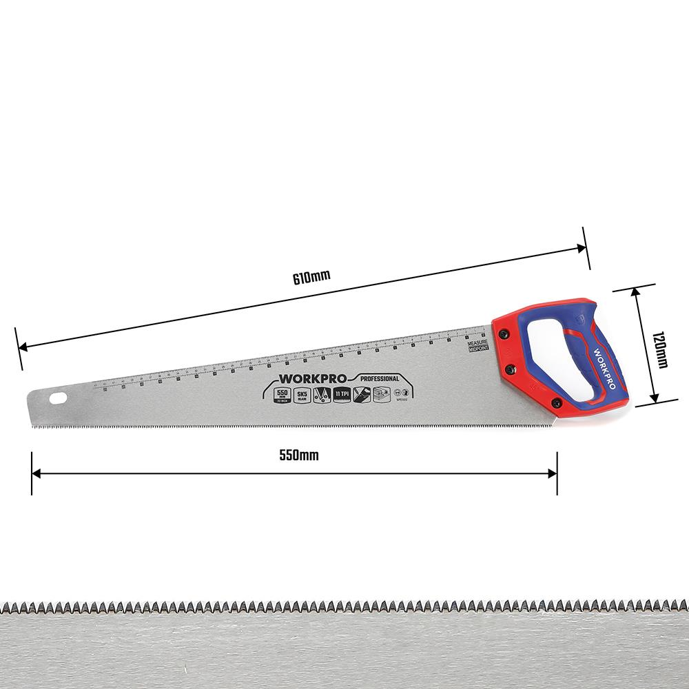 Kırmızı ve mavi sapa sahip bir testere gösterilmektedir. Ölçüler 610mm ve 120mm'dir.