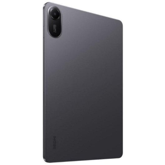 Tablet grigio scuro con obiettivi della fotocamera in alto a sinistra sul retro.