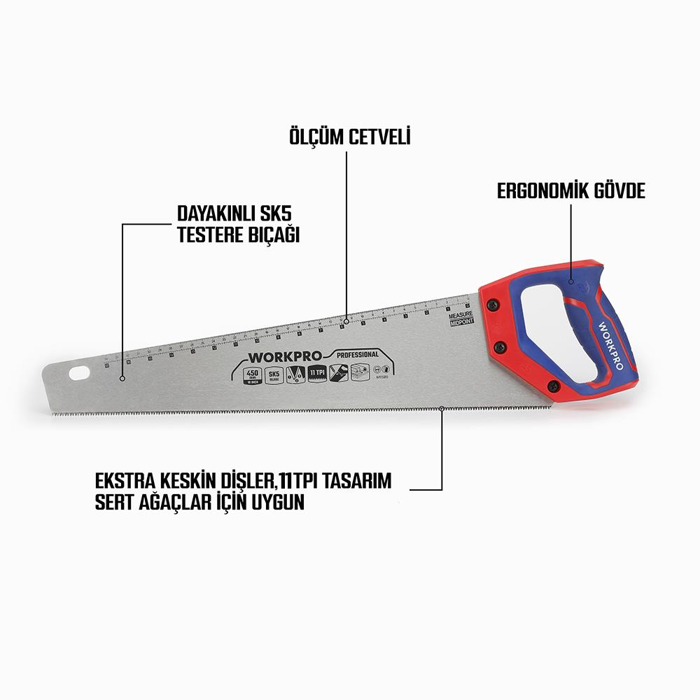 Ölçüm cetvelli, kırmızı ve mavi saplı, SK5 bıçaklı ve 11 TPI testere.