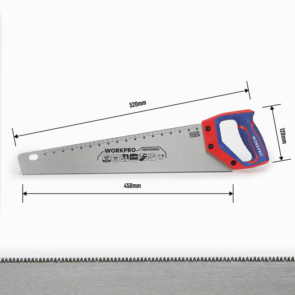 Mavi ve kırmızı saplı bir Workpro testere. Bıçak uzunluğu 450mm, toplam uzunluk 520mm, genişlik 120mm.