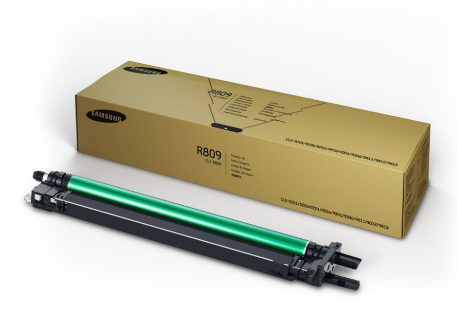 Un'unità tamburo di immagine Samsung R809 con tamburo verde e scatola dorata.