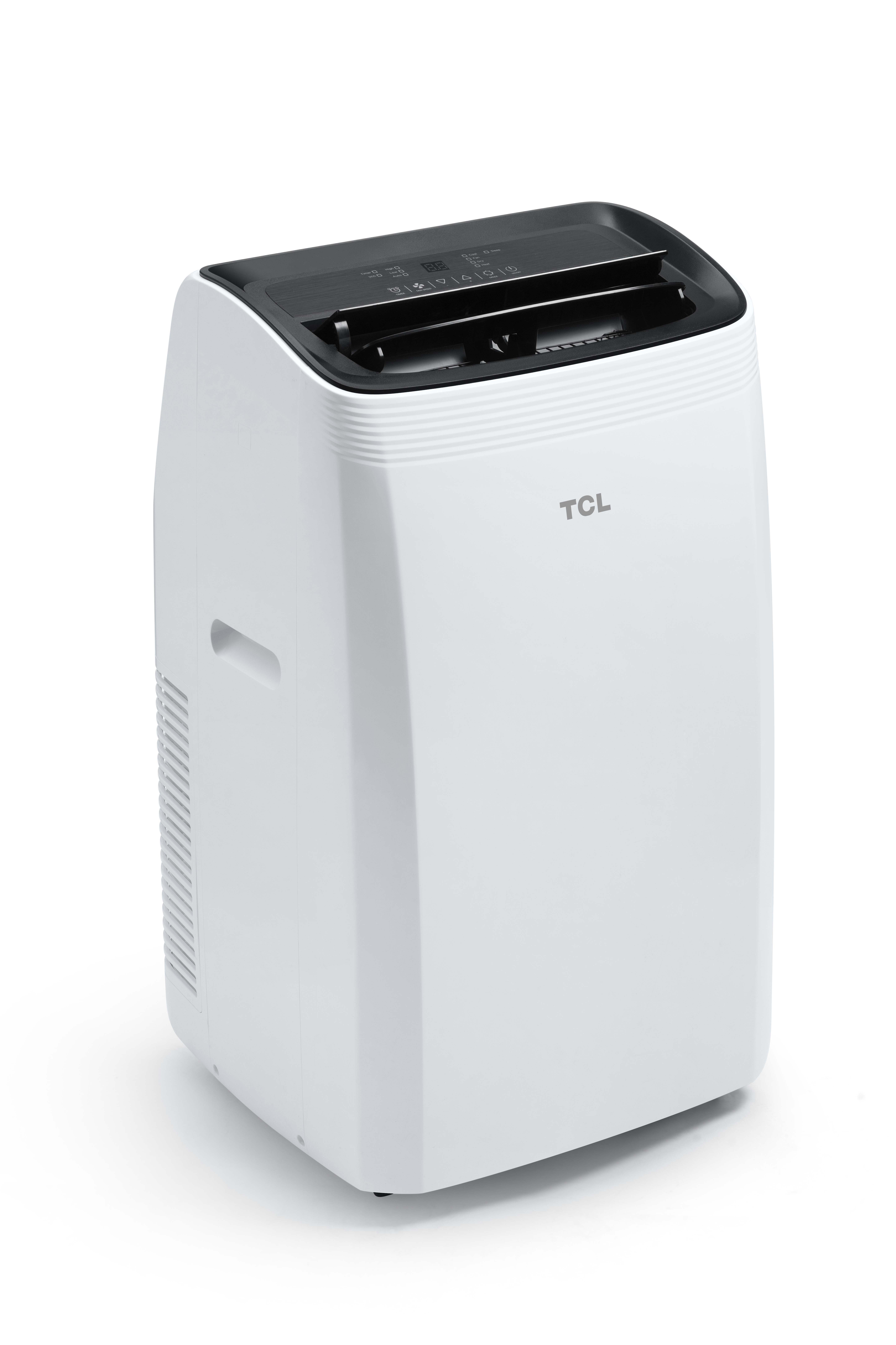 Biała wieża przenośnej klimatyzacji TCL z czarnym blatem i wyświetlaczem.