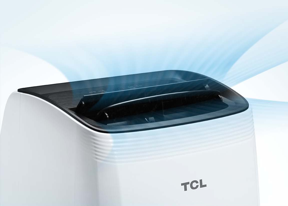 Biały oczyszczacz powietrza TCL z niebieskimi strumieniami powietrza wiejącymi do góry.