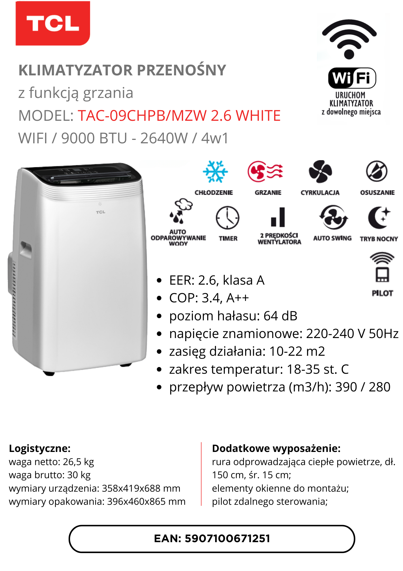 Przenośny Klimatyzator TCL z grzaniem, biały, 9000 BTU.