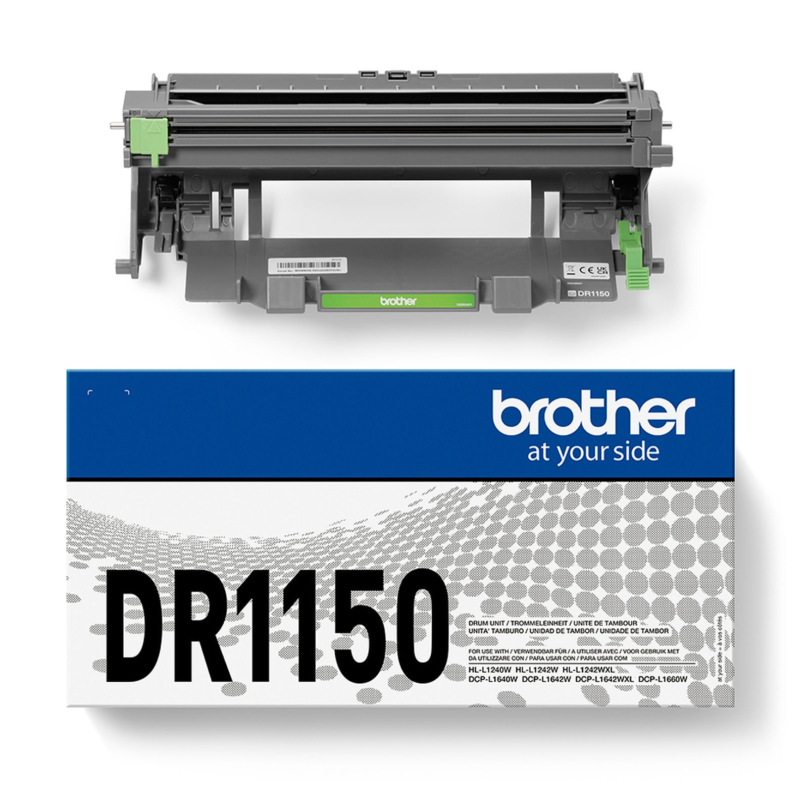 Unità tamburo Brother DR1150 e imballaggio. Pezzo stampante grigio con leve verdi.