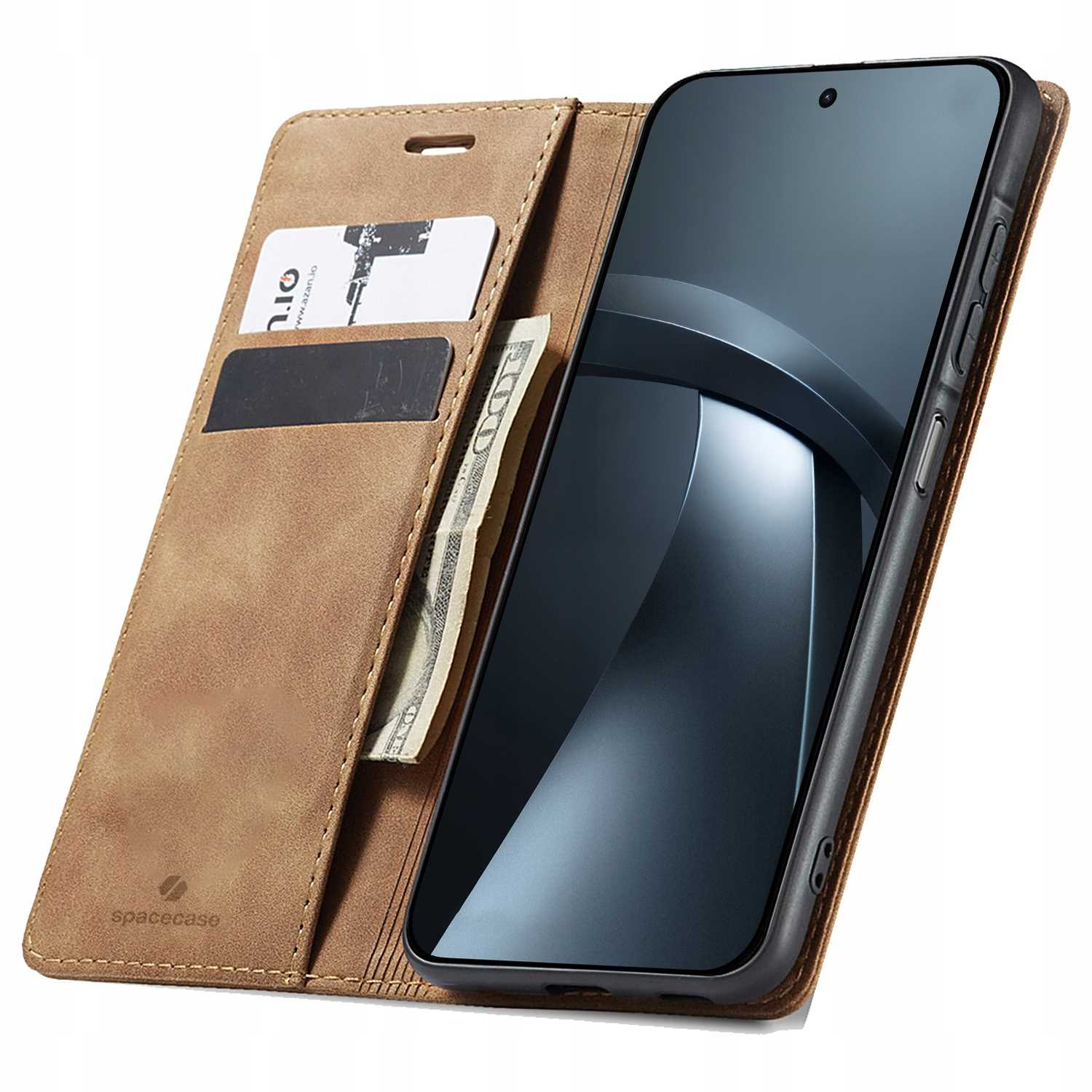 Brązowe etui na telefon z miejscem na karty i kieszonką na pieniądze.