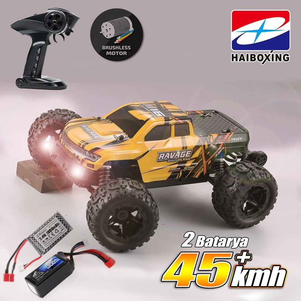 Sarı RC kamyon, uzaktan kumanda, piller ve fırçasız motor simgesi.