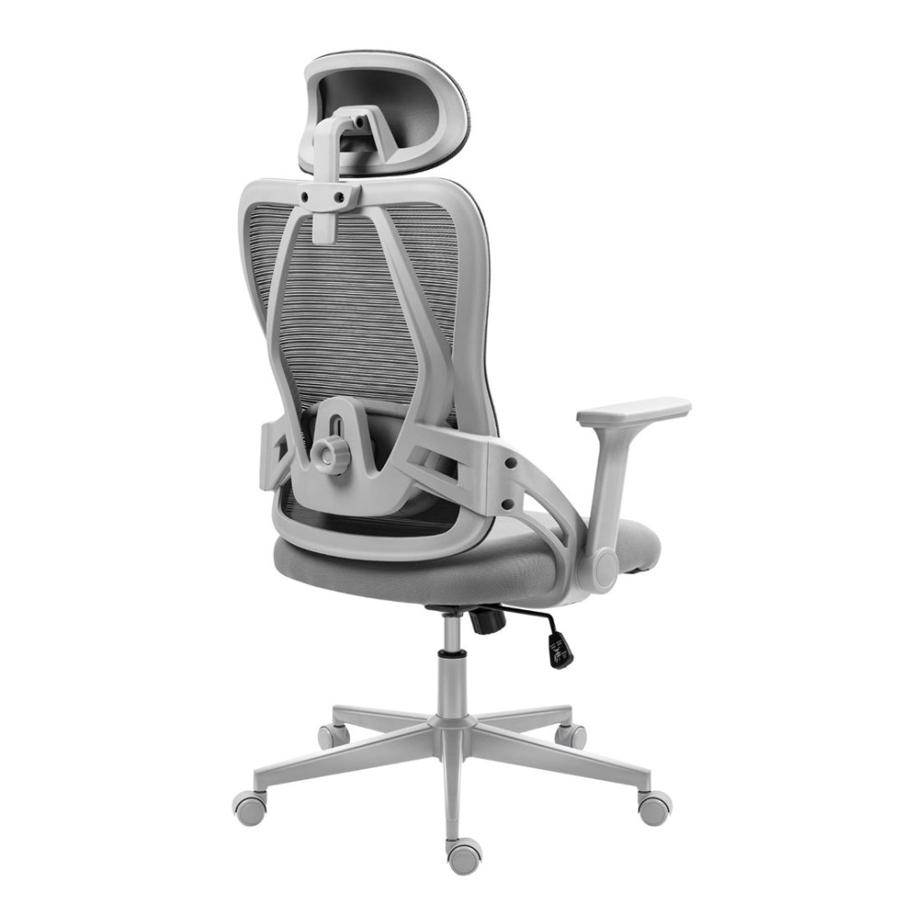 Szare ergonomiczne krzesło biurowe z zagłówkiem i regulowanymi podłokietnikami, widziane od tyłu.