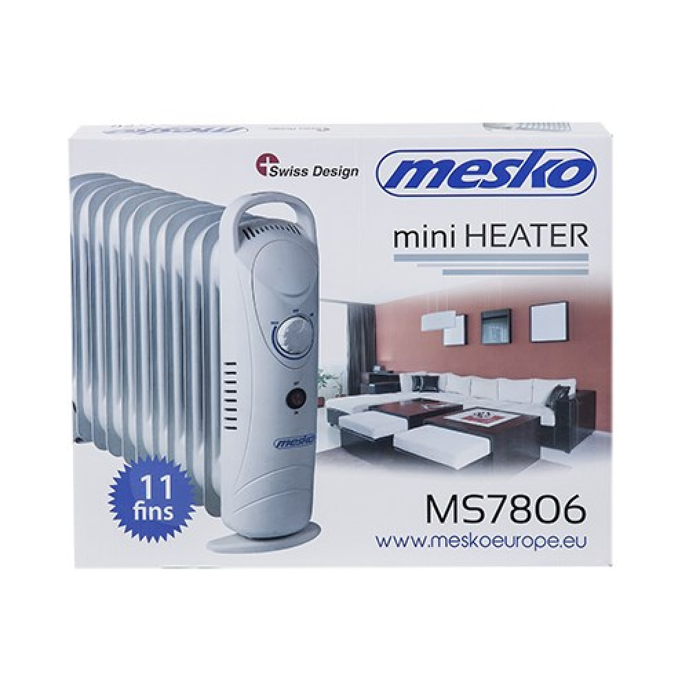 Confezione di un mini calorifero Mesko bianco con 11 alette, modello MS7806.
