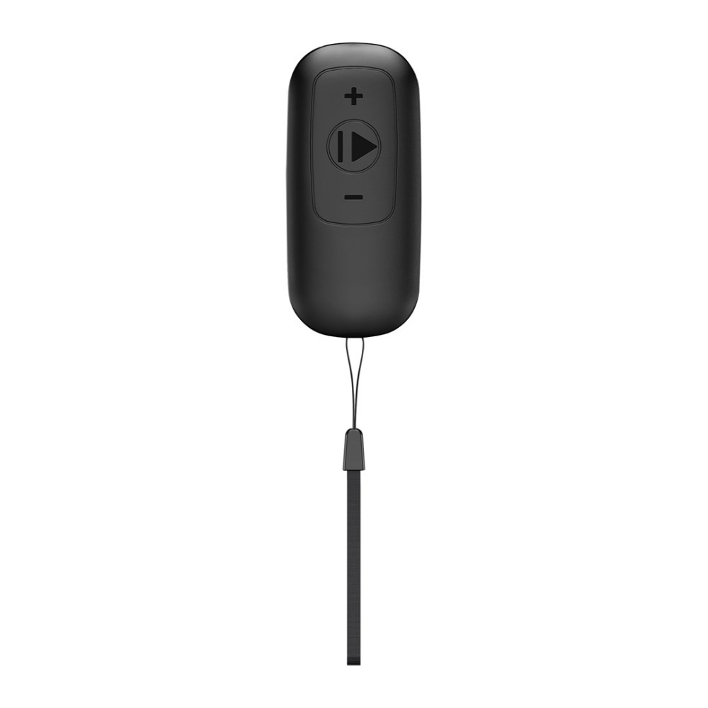 Czarny pilot z ikonami plus, odtwarzania i minus oraz smyczą.