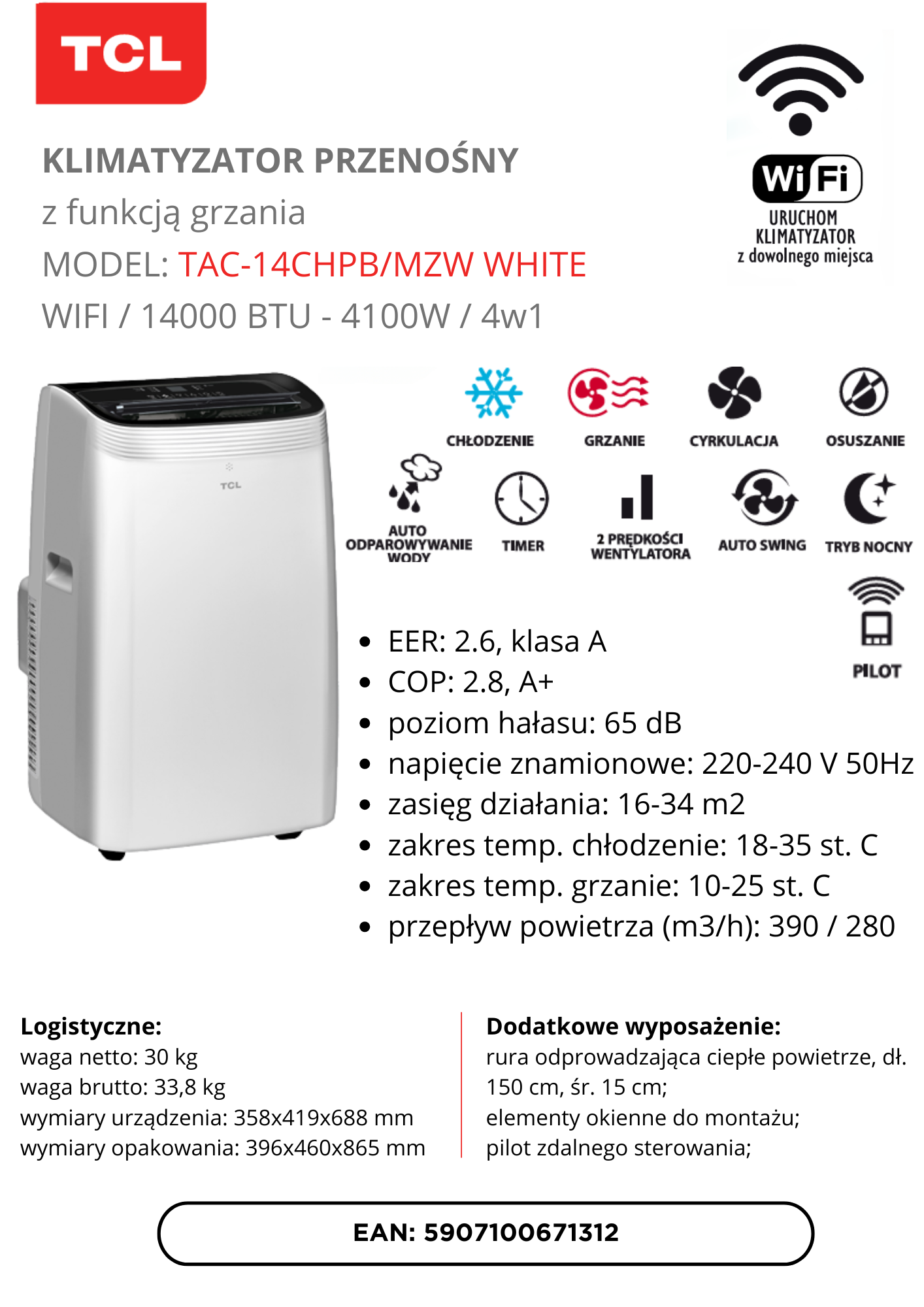 Przenośny klimatyzator TCL z funkcją grzania, model TAC-14CHPB/MZW WHITE.