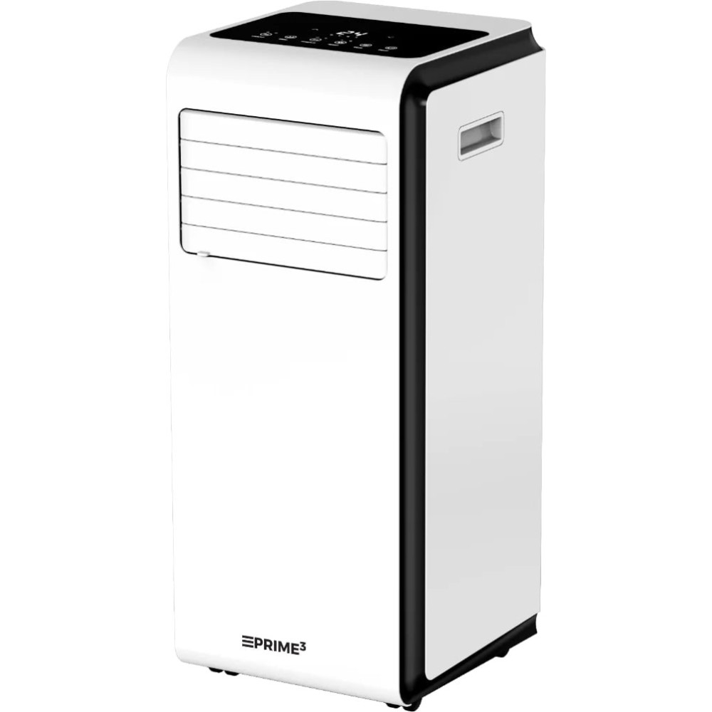 Un condizionatore d'aria portatile bianco, a torre, con finiture nere e pannello di controllo.