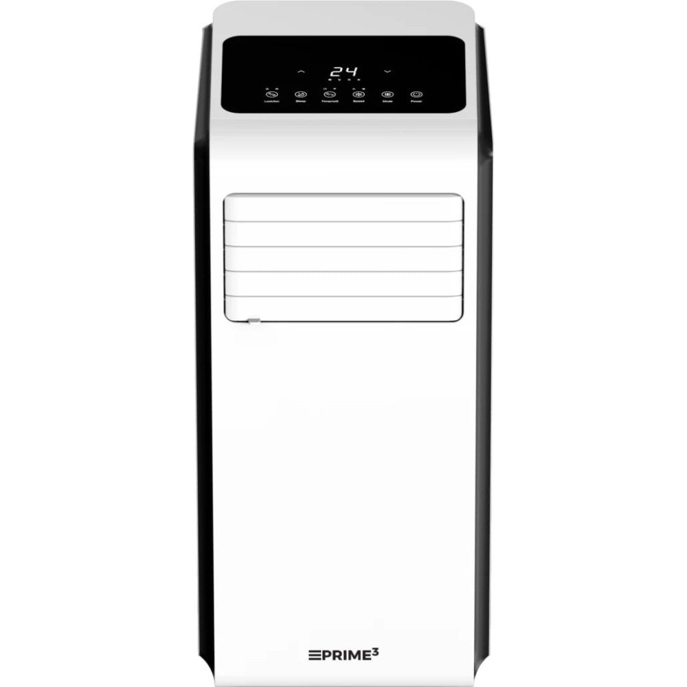Un refrigeratore d'aria a torre bianco con display digitale e feritoie di ventilazione.