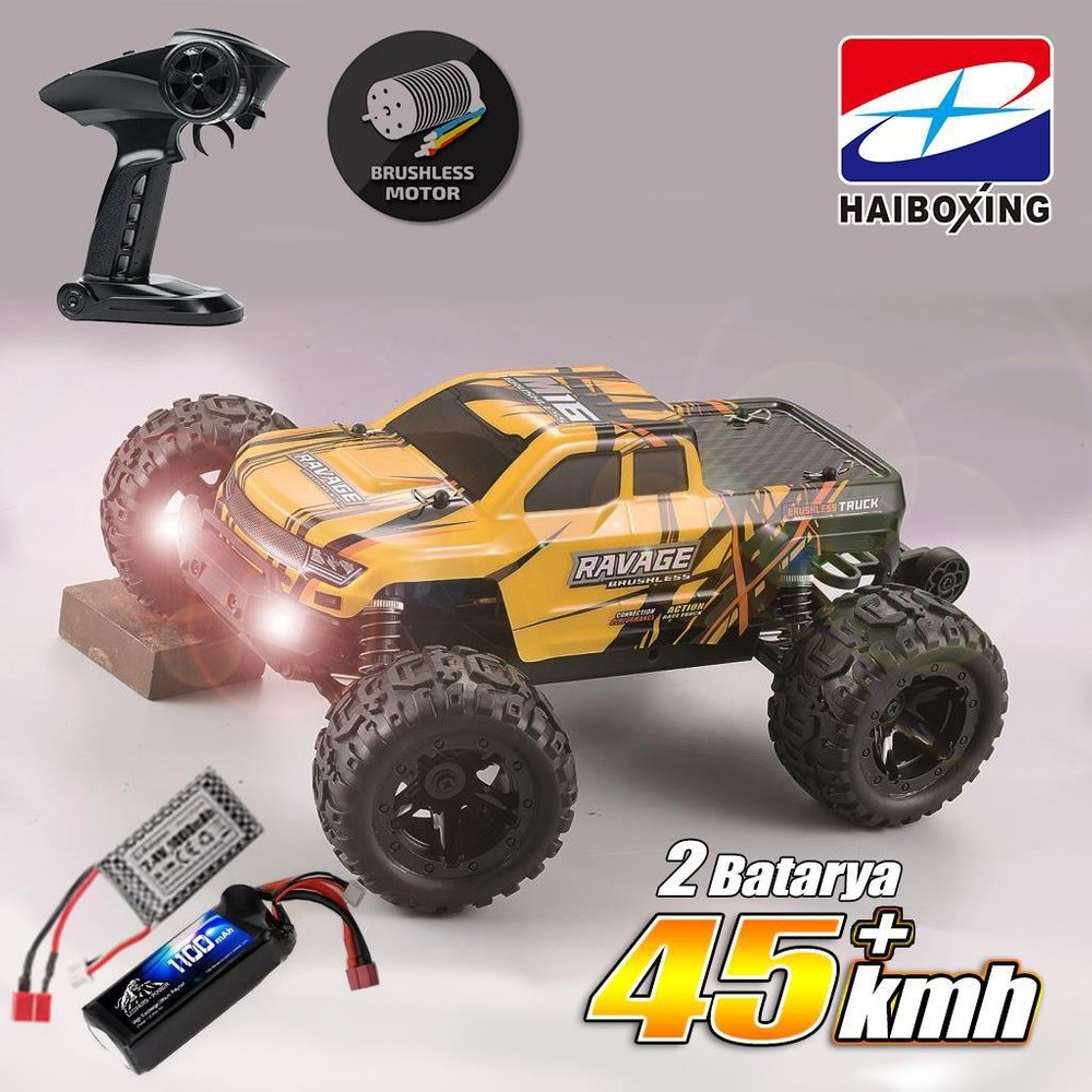 Sarı RC kamyon uzaktan kumanda, piller ve motor ile. Maks. 45 km/sa.