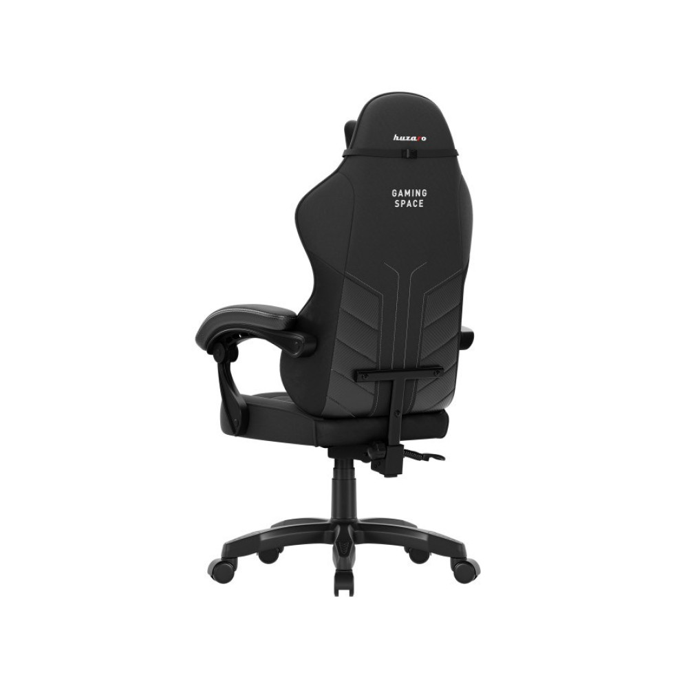 Czarny fotel gamingowy z kółkami i napisem "GAMING SPACE" z tyłu.