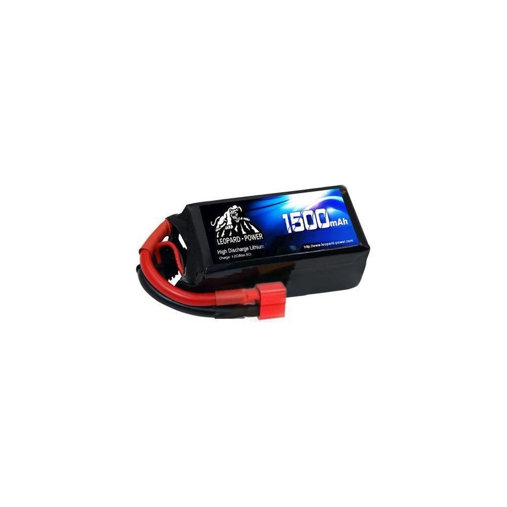 Kırmızı kablolu ve kırmızı konnektörlü siyah Leopard Power 1500mAh LiPo pil.