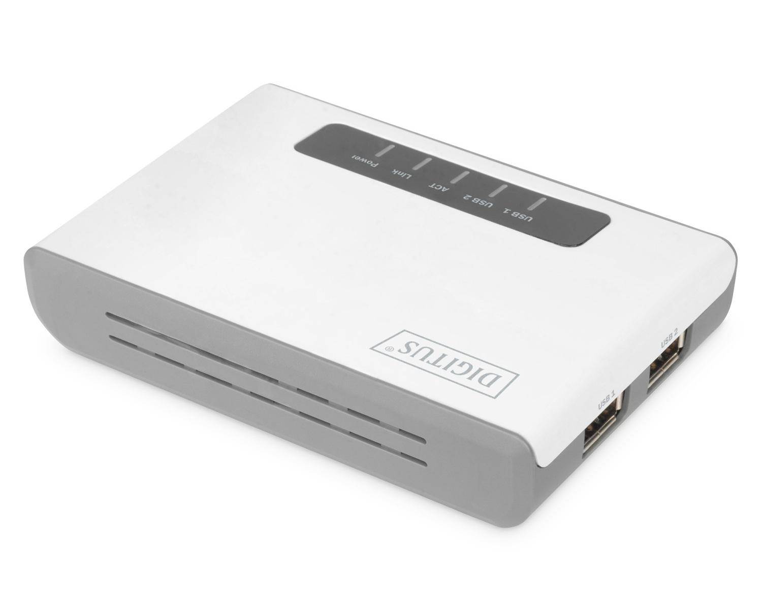 Biało-szary hub USB Digitus z dwoma portami USB i diodami statusu.