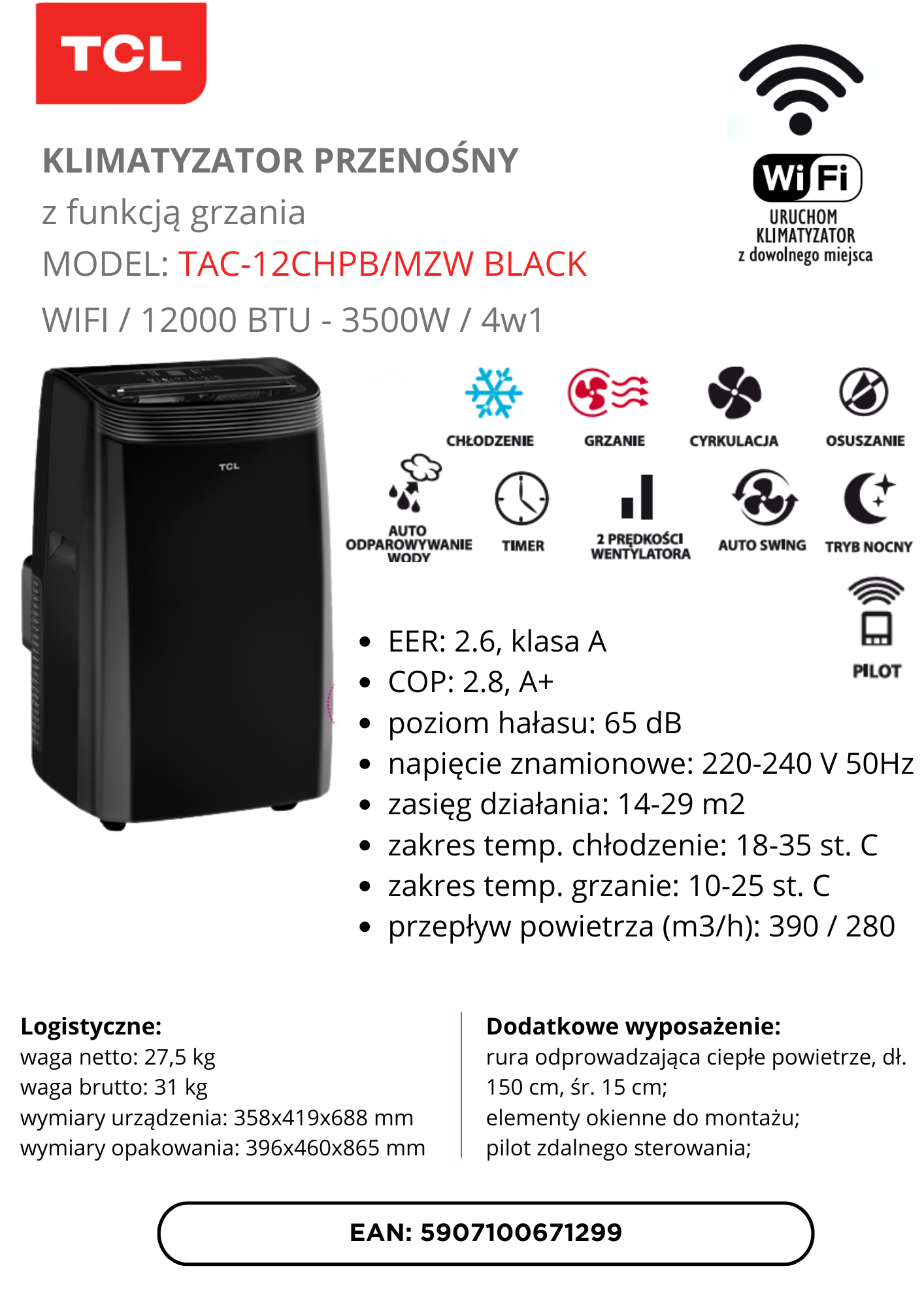 Czarny przenośny klimatyzator TCL z funkcją grzania, WiFi, 12000 BTU.