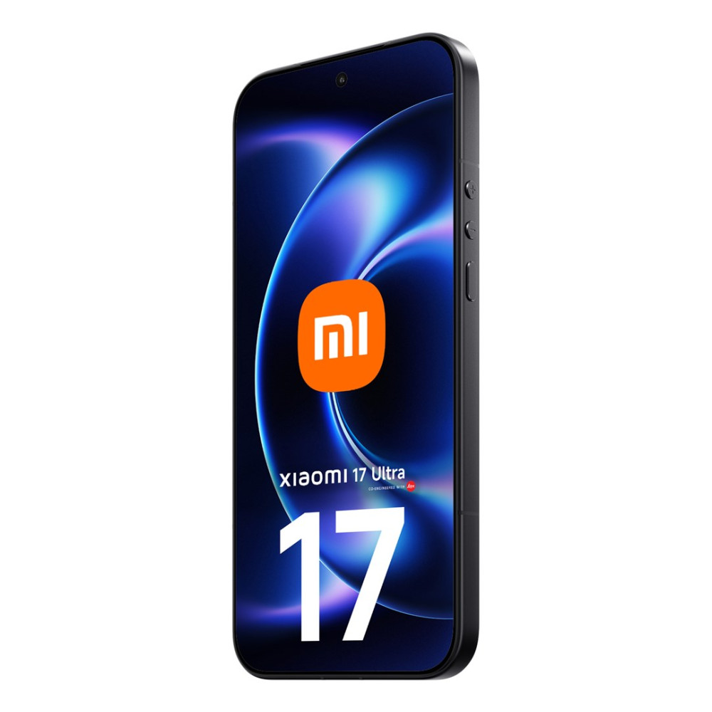 Czarny smartfon Xiaomi 17 Ultra z pomarańczowym logo Mi i niebieską grafiką.