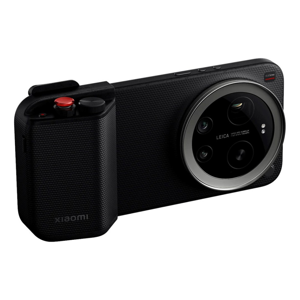 Czarny smartfon Xiaomi z aparatem Leica i uchwytem.