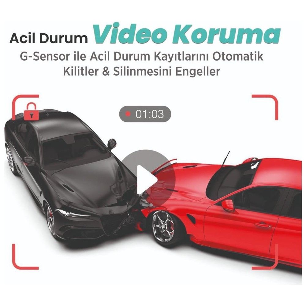 Bir siyah ve bir kırmızı araba kazada çarpıştı. Kilit simgesi görünüyor.
