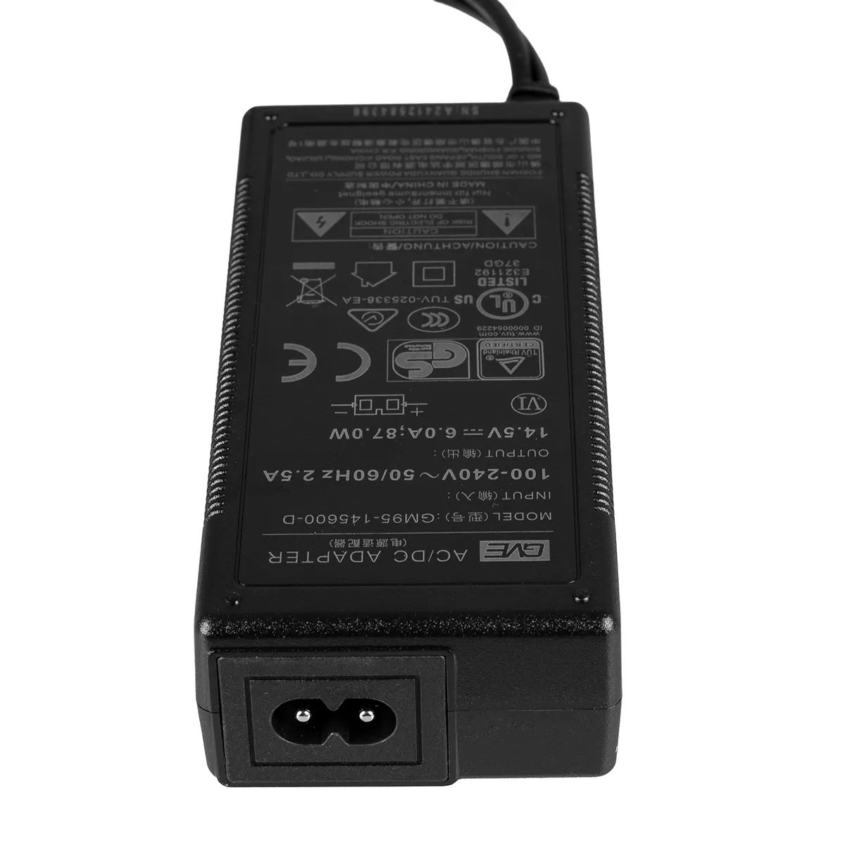 Schwarzer Netzadapter mit Beschriftung, Eingang 100-240V, Ausgang 14.5V.