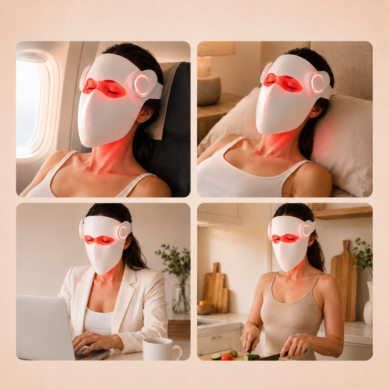 Quattro scene mostrano una donna con maschera bianca e luci rosse in aereo, letto, ufficio e cucina.