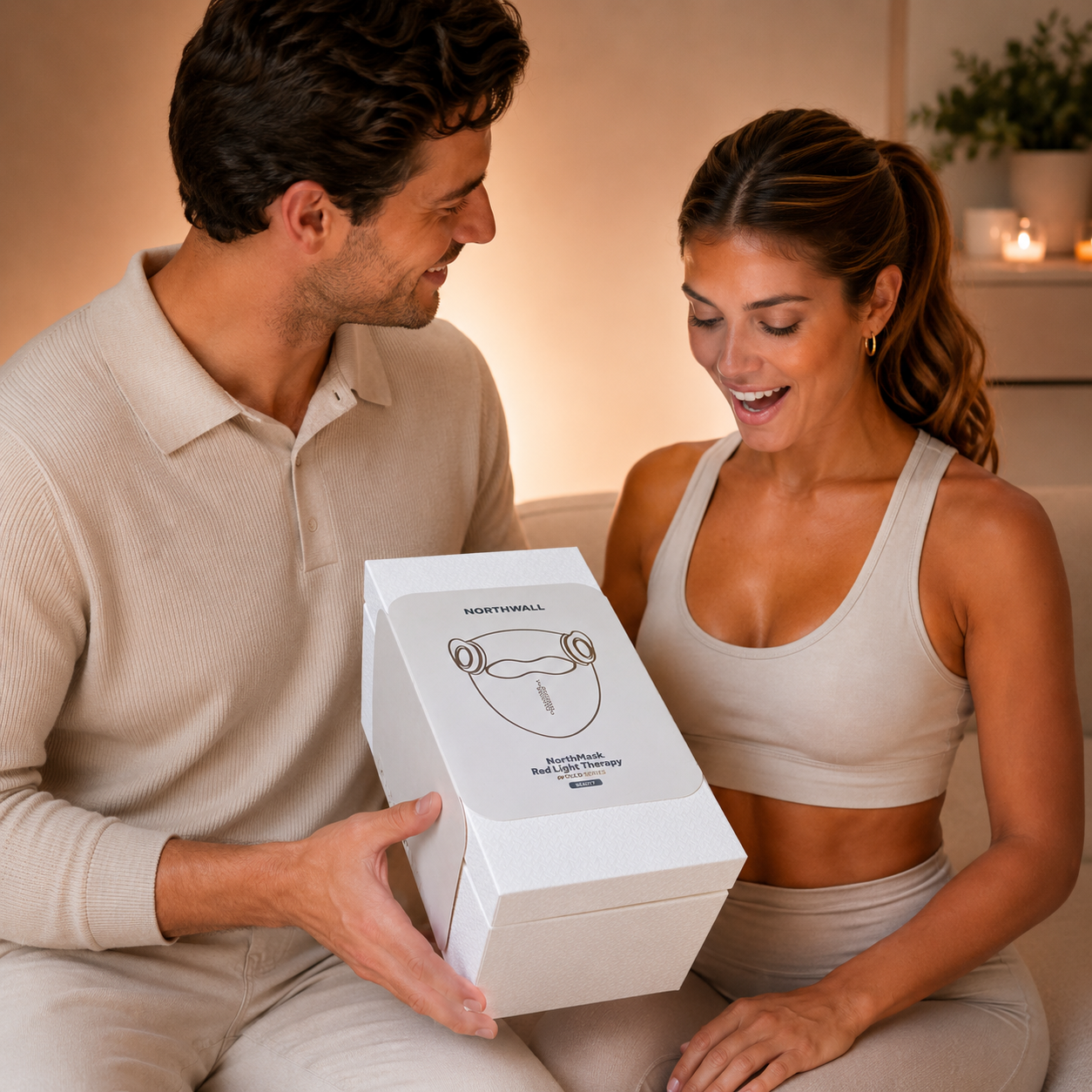 Uomo porge donna scatola bianca con design maschera terapia luce rossa.