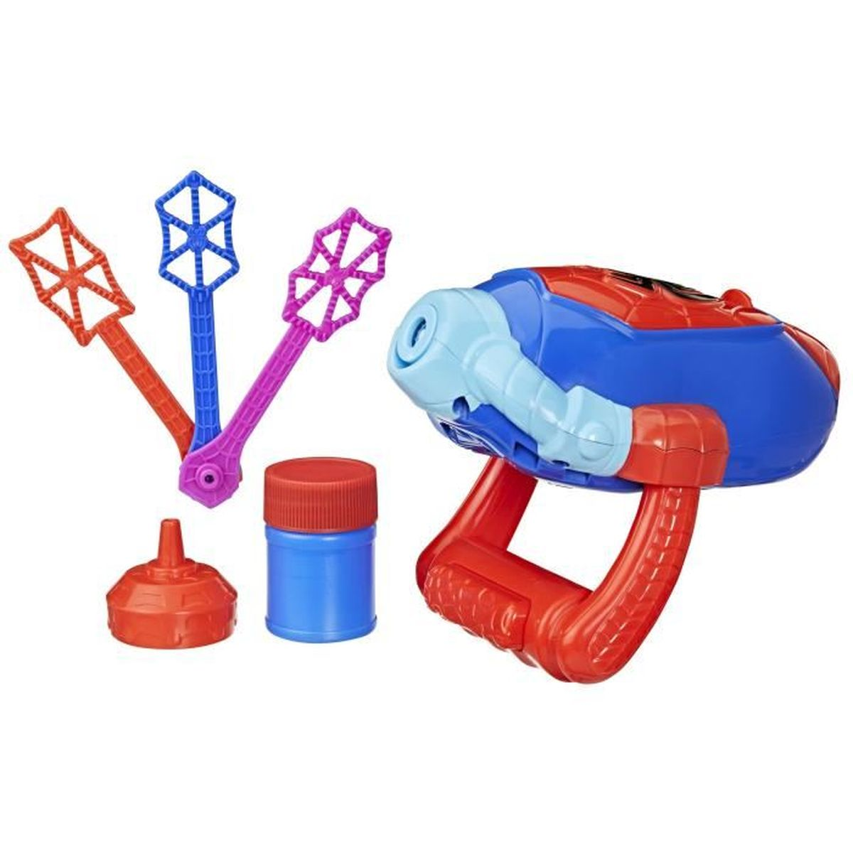 Pistola de burbujas Spiderman con cuerpo azul y rojo, tres varitas de burbujas de telaraña, recipiente azul y embudo.