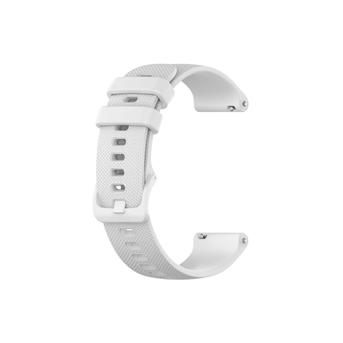 Un cinturino per orologio bianco testurizzato con fibbia e fori, su sfondo bianco.