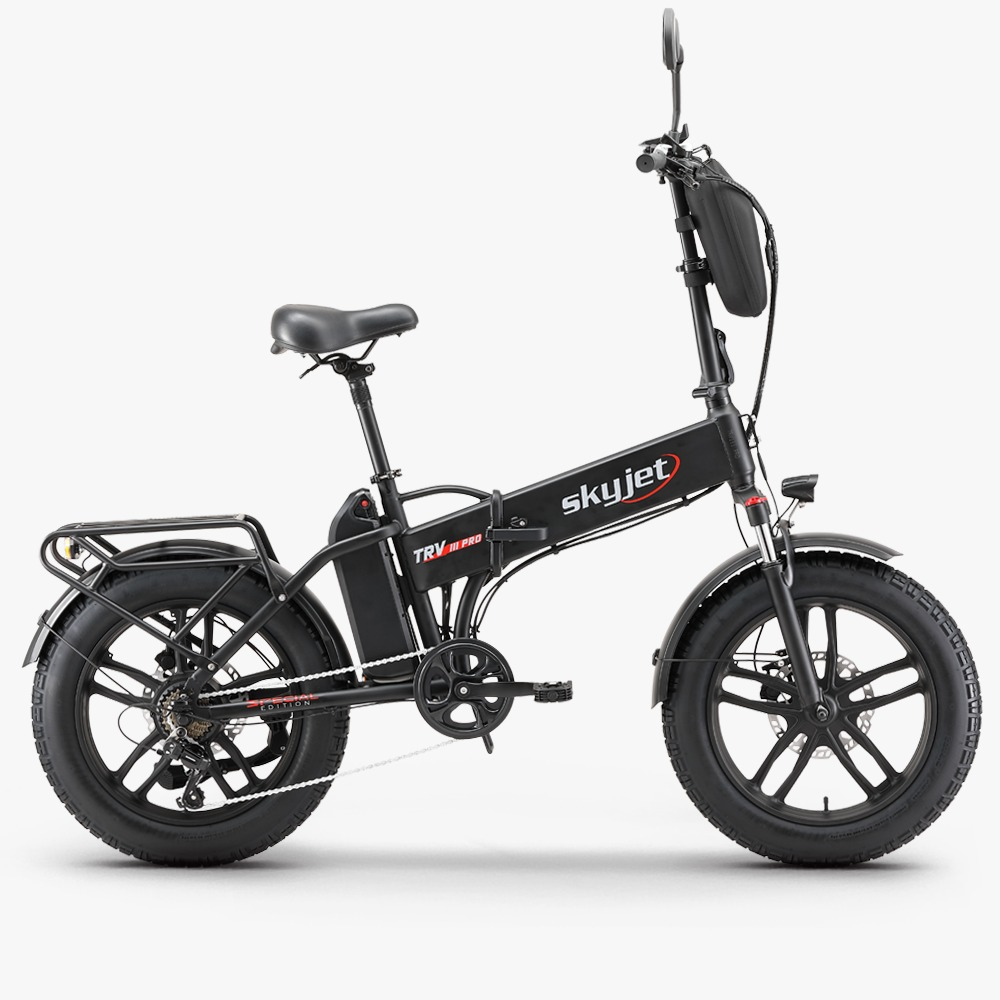 Siyah katlanabilir Skyjet elektrikli bisiklet, kalın lastikli ve bagajlı.
