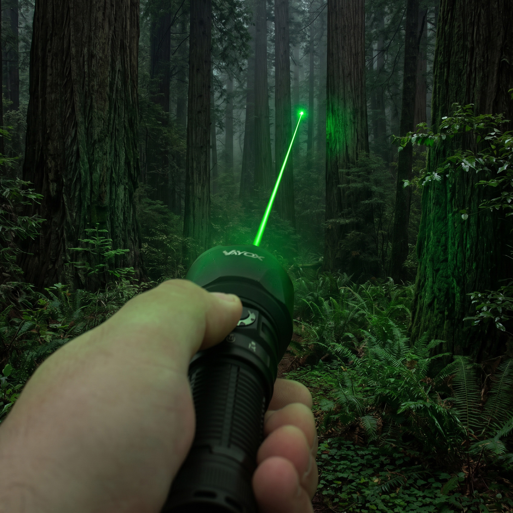 Dłoń trzyma latarkę z zieloną wiązką lasera w mglistym lesie.