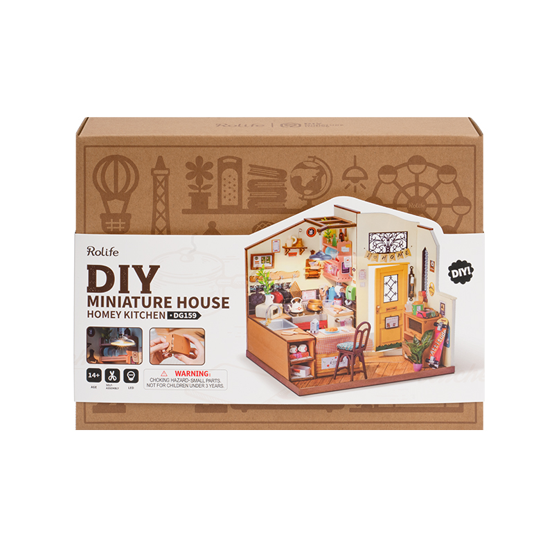 Rolife Kendin Yap Minyatür Ev "Homey Kitchen" kutusu, detaylı mutfak modeliyle.