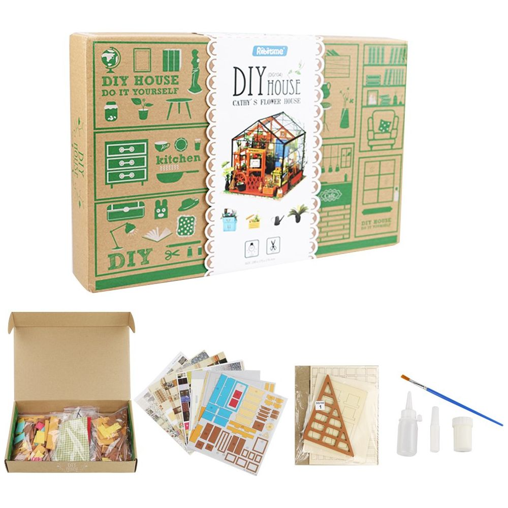 Parçalar, çıkartmalar, aletler ve talimatlarla DIY çiçek evi kiti.