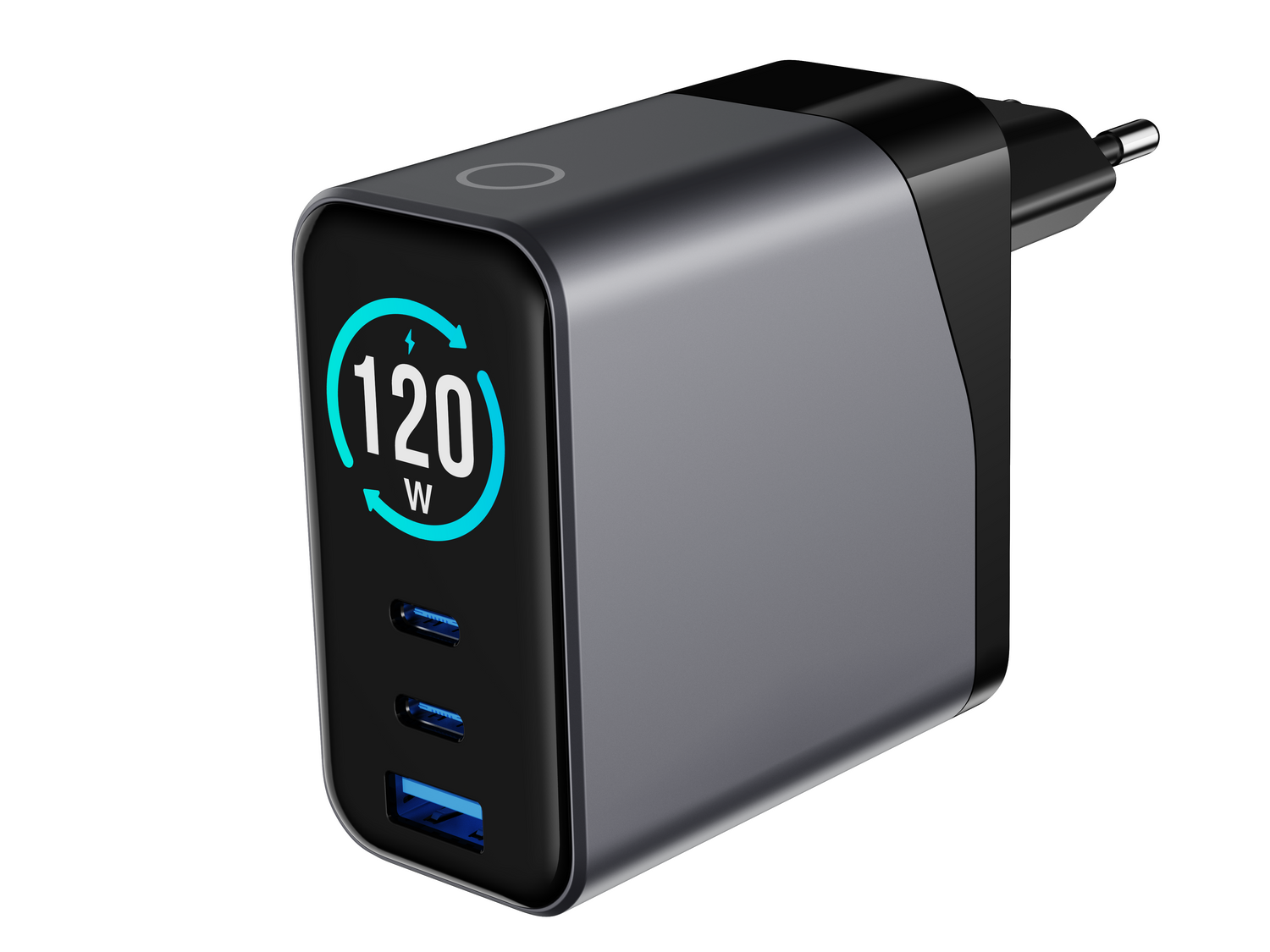 Szara ładowarka sieciowa z 3 portami USB i cyfrowym wyświetlaczem 120W.