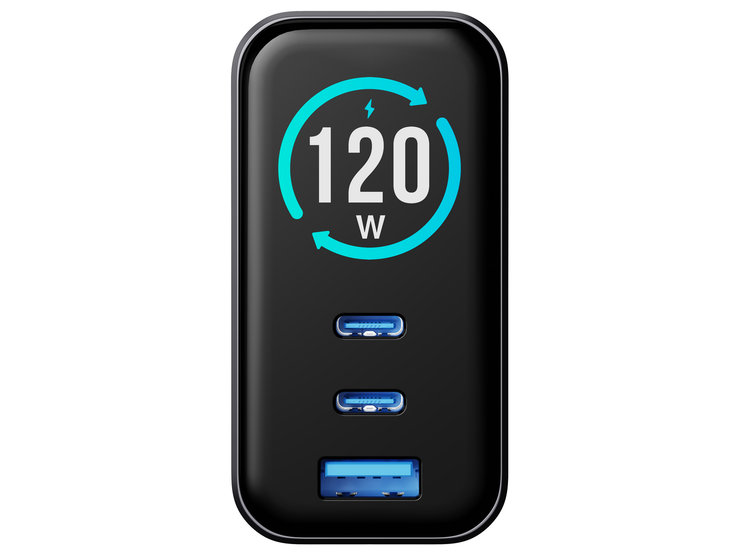 Czarna ładowarka z wyświetlaczem 120W i trzema portami USB.