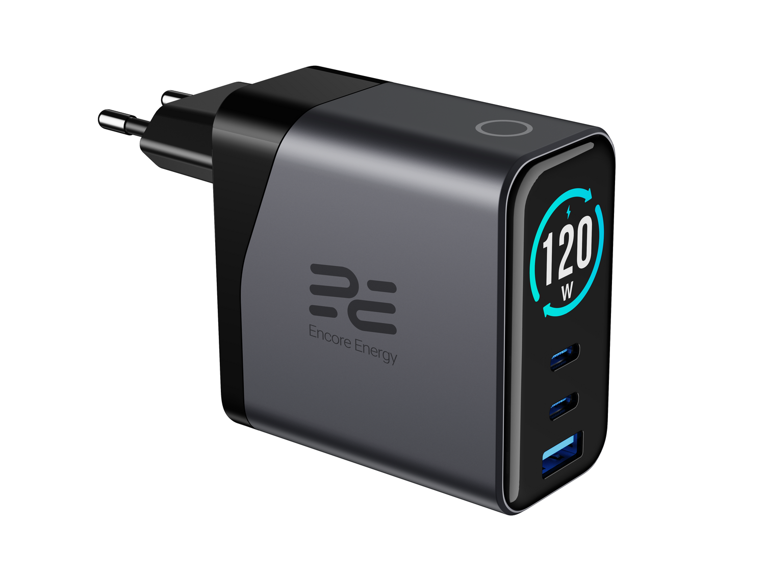 Szara ładowarka USB-C z 3 portami, wyświetla 120W.