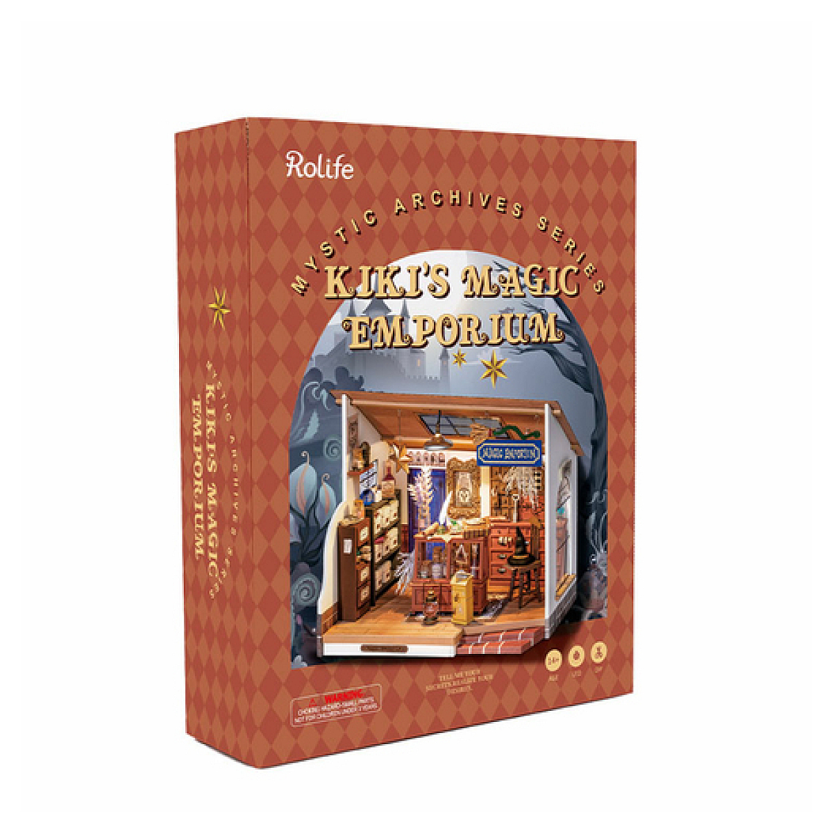 Rolife Kiki's Magic Emporium kit ambalajı, detaylı minyatür sihirli dükkan içi görünümüyle.