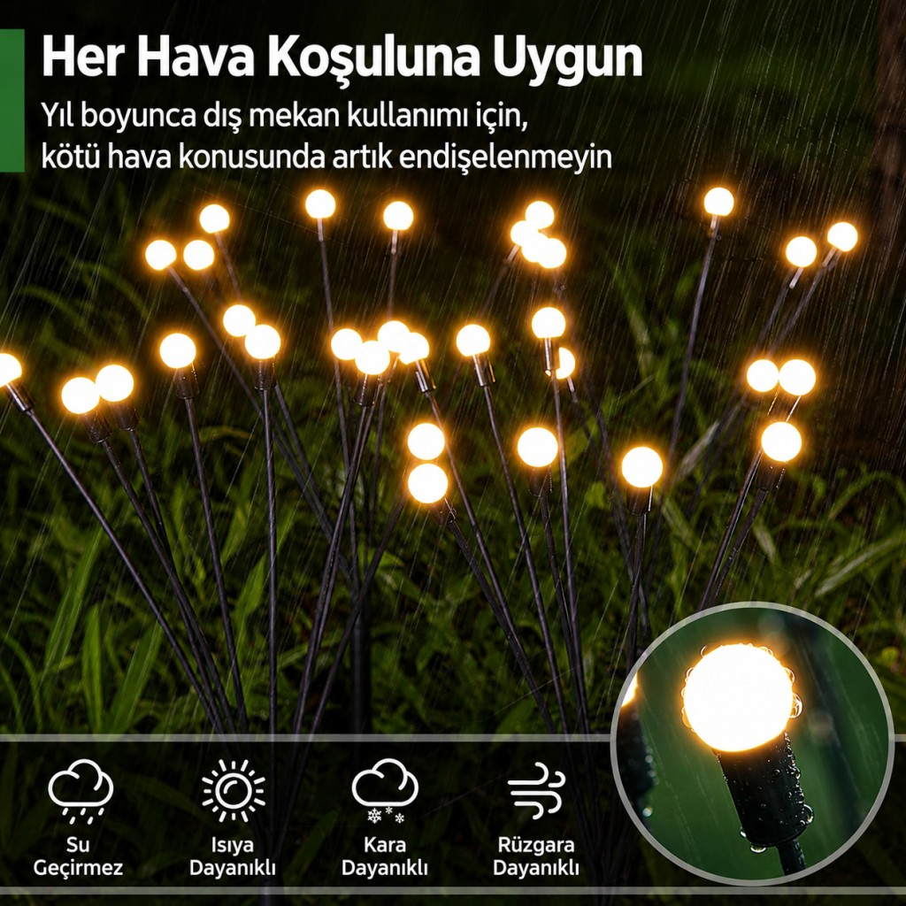 Dış mekan ışıkları, yağmurda parlayan küreler. Simgeler su, ısı, kar, rüzgar dayanımı.