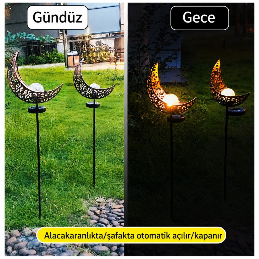 İki hilal şeklinde bahçe güneş lambası, gündüz ve gece görünümü.
