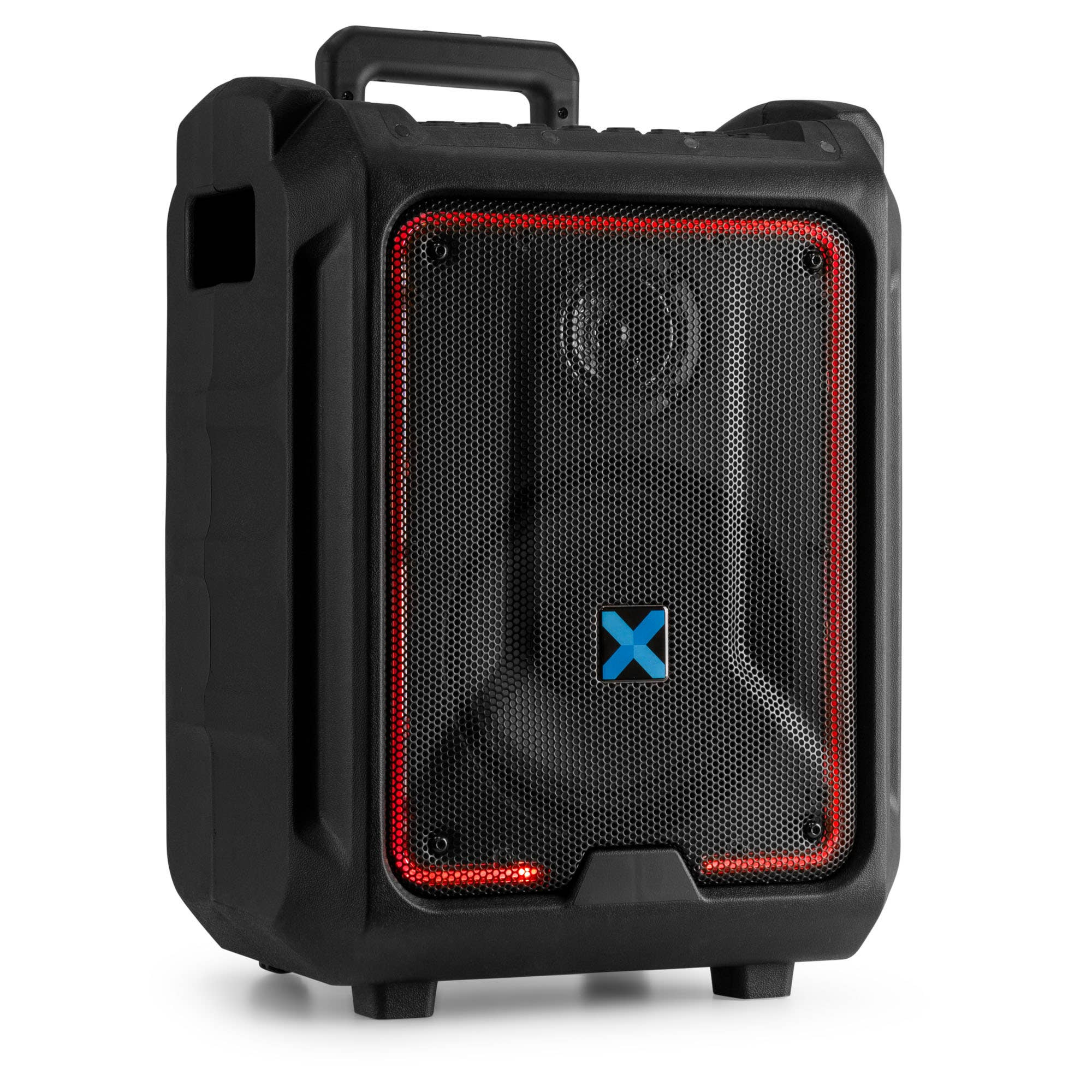 Altavoz portátil negro con luces LED rojas y logo azul X.