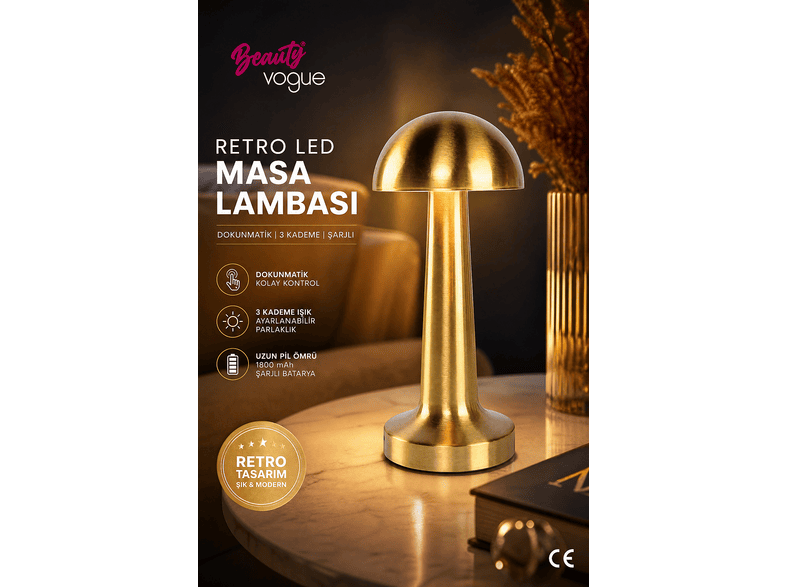 BEAUTY VOGUE BV-001 Retro Gold Şarjlı Dokunmatik LED 3 Kademeli Ayarlanabilir Işık Masa Lambası