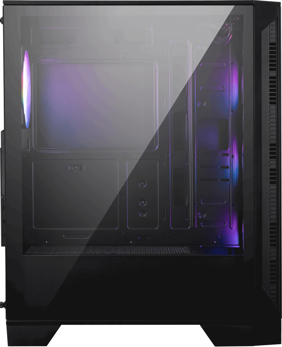Cam ön ve RGB aydınlatmalı siyah bilgisayar kasası.