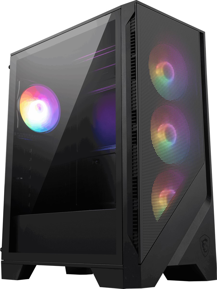 Cam yan panel ve RGB fanlı siyah PC kasası.