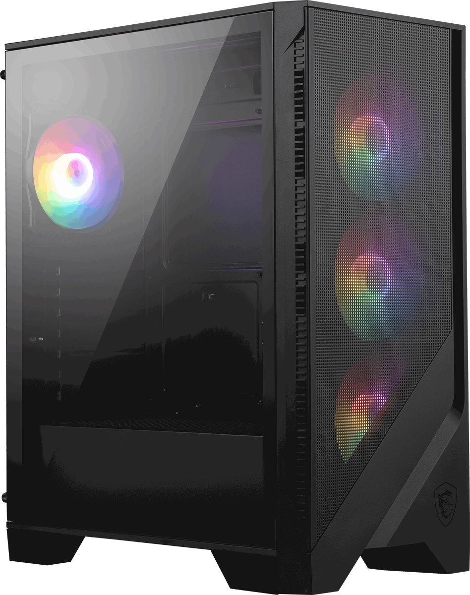 Cam yan panel ve RGB fanlı siyah bilgisayar kasası.