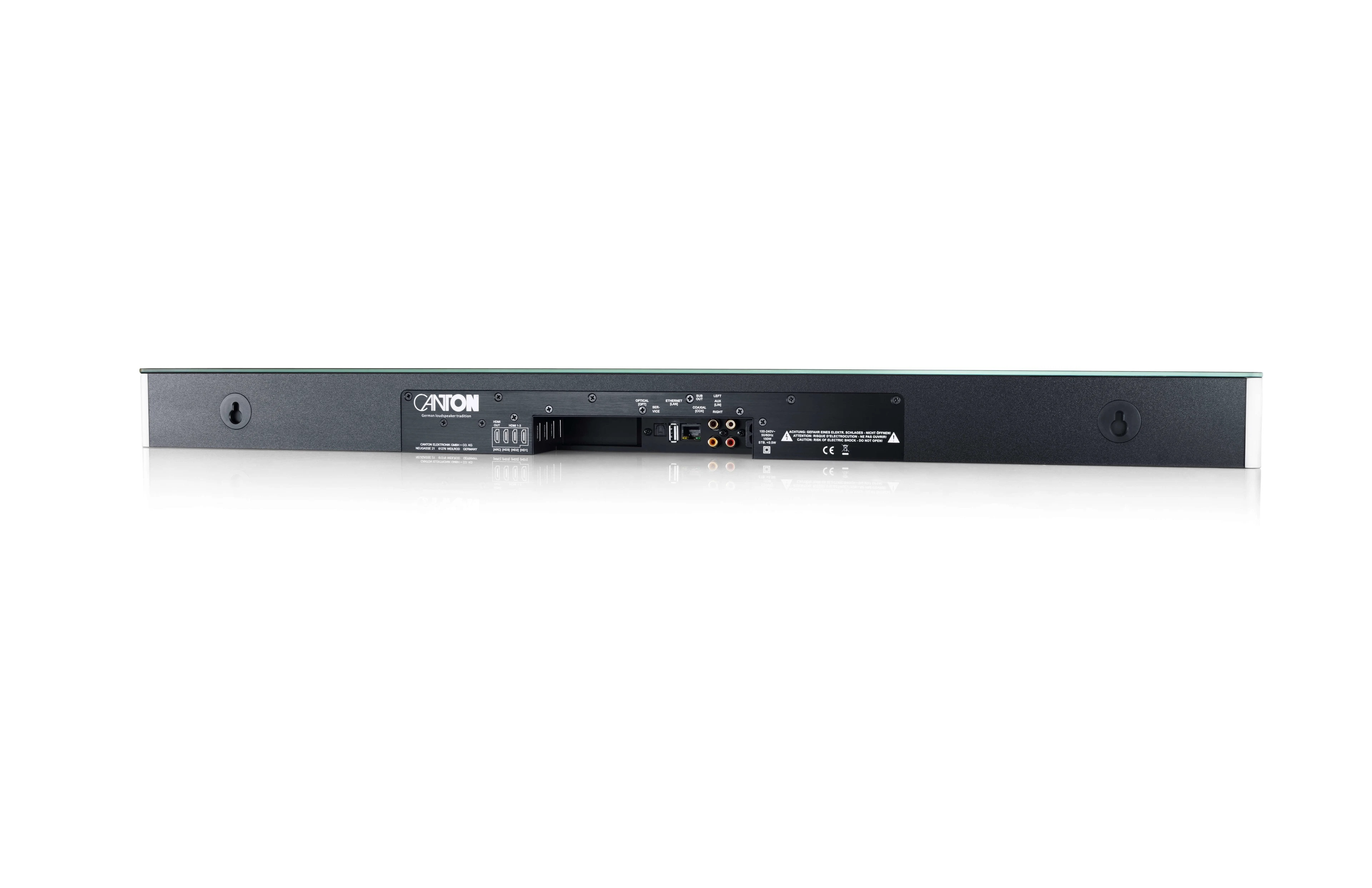Rückseite einer schwarzen Soundbar mit Anschlüssen und Beschriftungen.