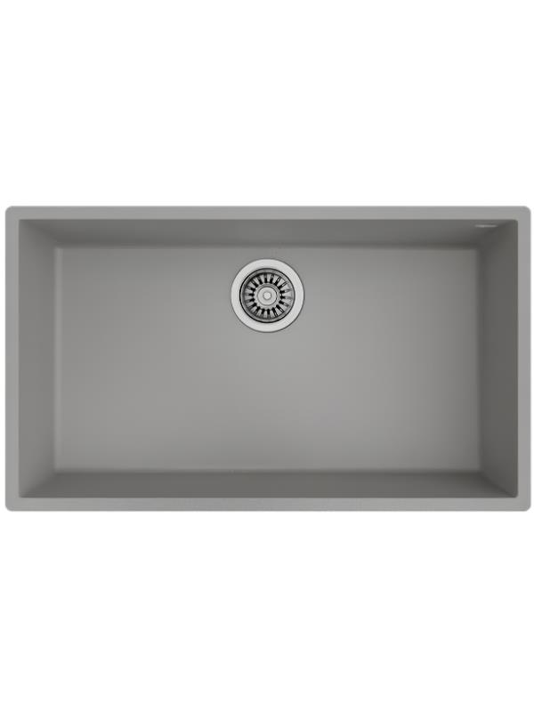 Ortasında gümüş rengi gideri olan gri lavabo.