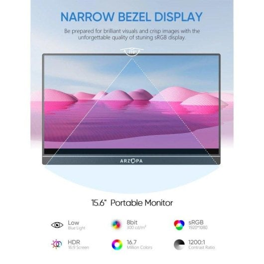 Dar çerçeveli 15,6 inç ARZOFA taşınabilir monitör, pembe ve mor soyut bir manzara gösteriyor.