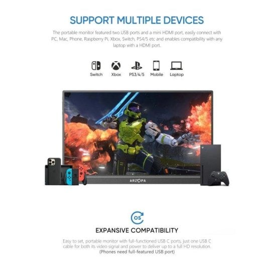 Taşınabilir bir monitörde askerli bir oyun gösteriliyor. Yanında telefon, Switch, Xbox ve kontrolcü var.